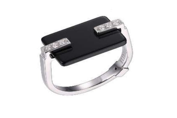Bague argent 925, 2 lignes de pierres + pierre noire rectangulaire