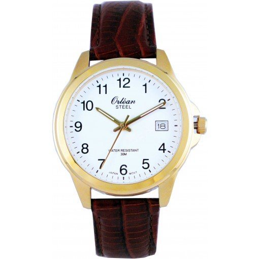 Montre stainless, bracelet de cuir, 3ATM