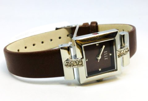 Montre femme, stainless, bracelet cuir, cadran carré, 6 pierres