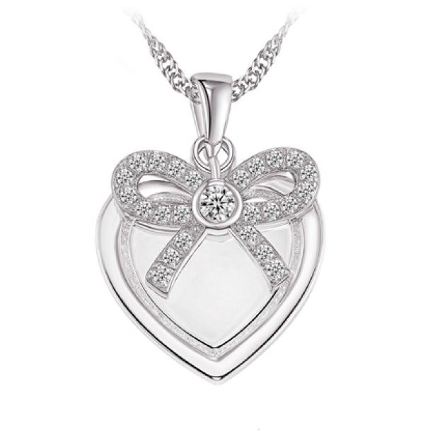 Pendantif argent 925, coeur, noeud garni de pierres