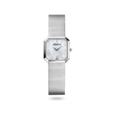 Montre stainless de haute qualité, 2 pierres dans le cadran octogonale, bracelet mèche, verre saphir
