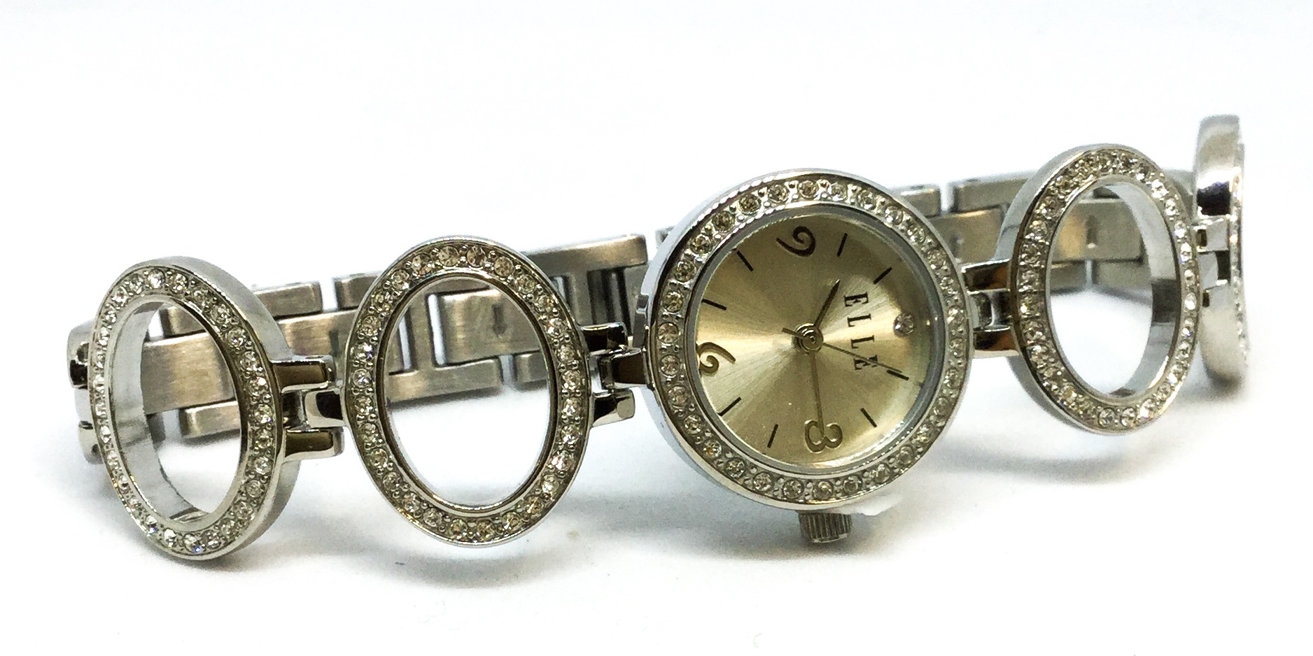 Montre femme, stainless, 4 mailles rondes garnies de pierres - W20022B01B - ELLE