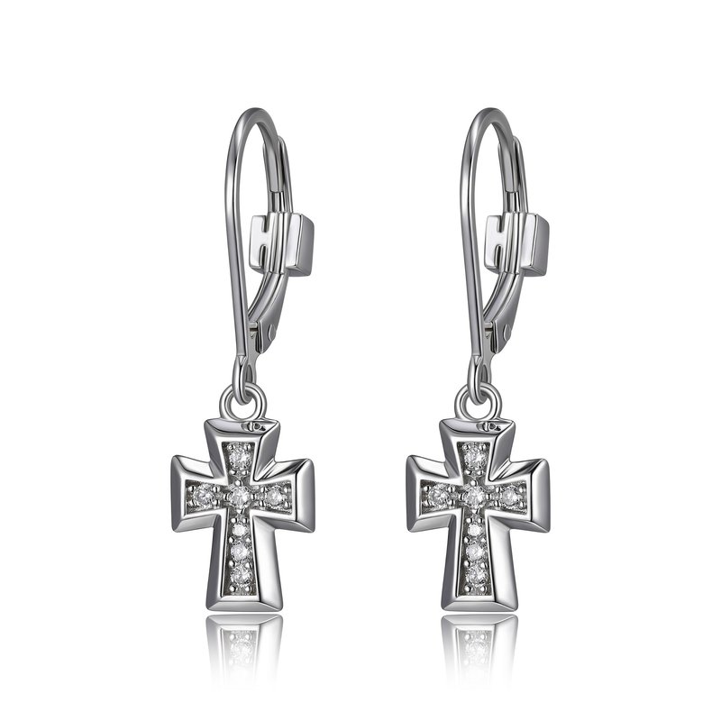 Boucle d'oreille argent 925, croix sertie de zircons, crochet