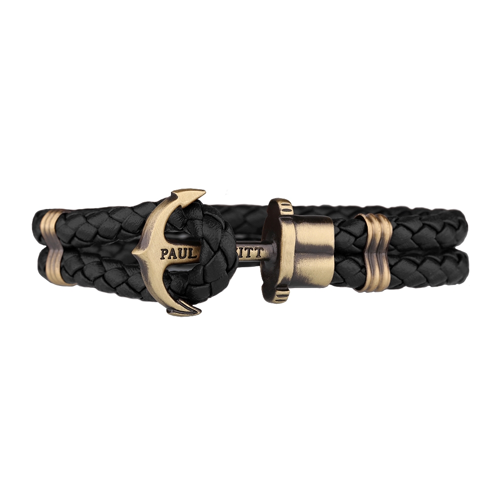 Bracelet homme stainless et cuir, ancre dorée