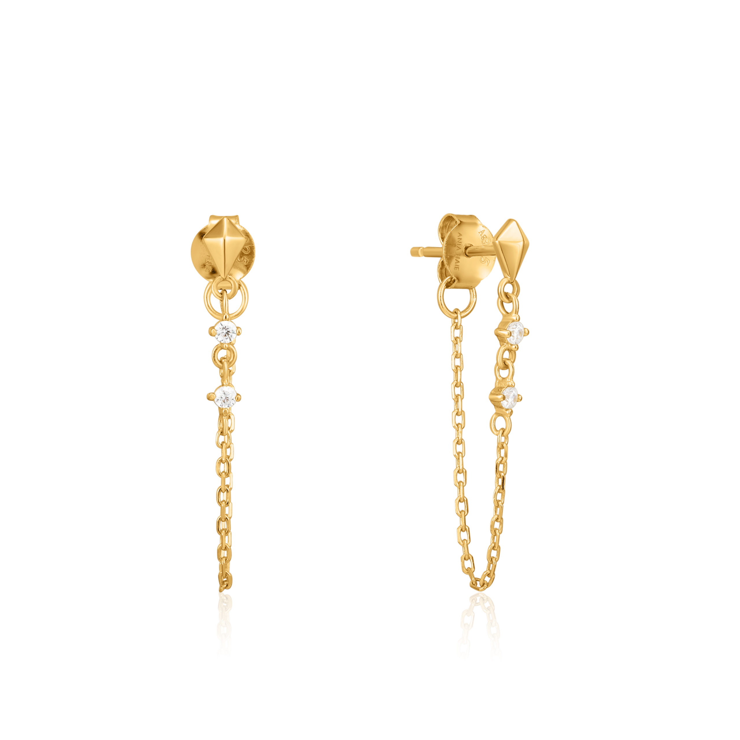 Boucles d'oreilles argent 925, losange, 2 pierres, chainette