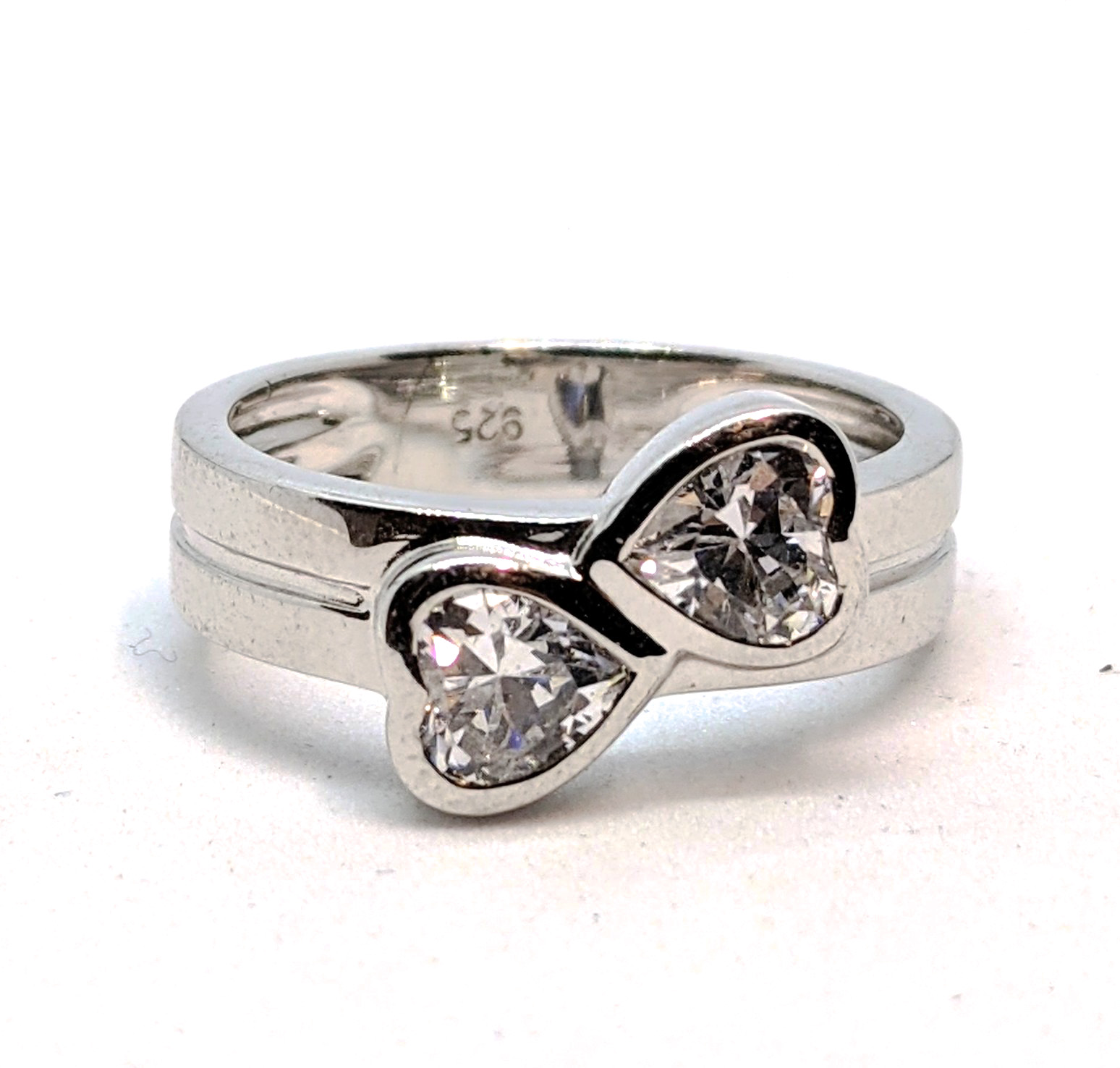 Bague argent 925, 2 pierres en forme de coeur