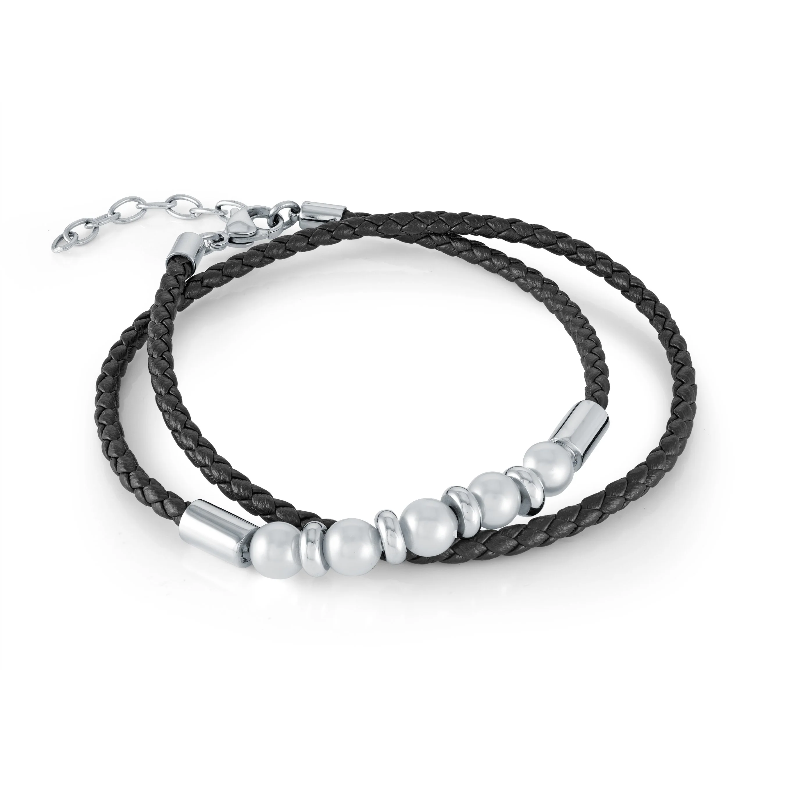 Bracelet double pour femme en cuir en stainless et cuir, perles