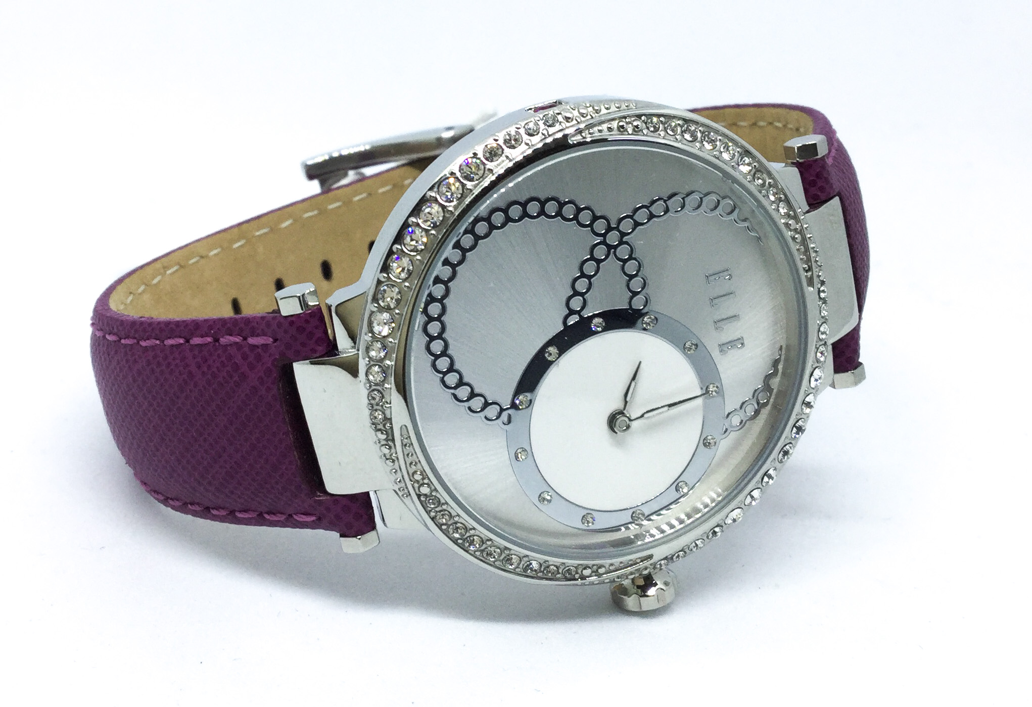 Montre femme, stainless, bracelet cuir, cadran entouré de pierres