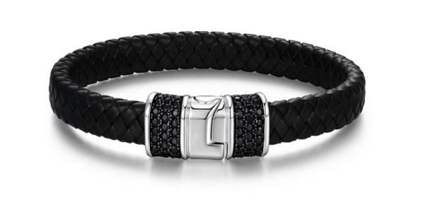 Bracelet pour homme en cuir et argent 925, saphirs noirs