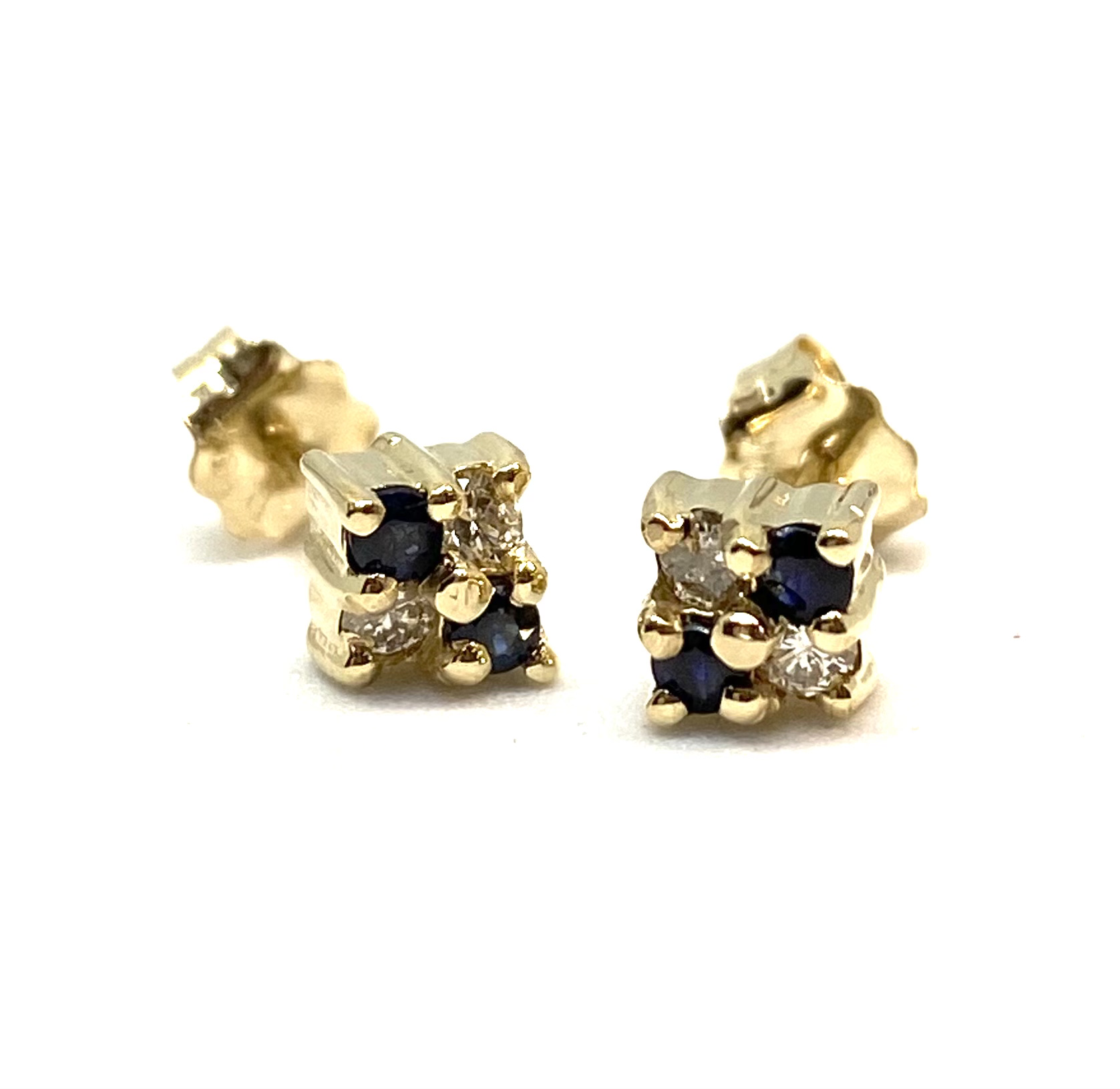 Boucles d'oreilles pour femme en or 10K, 4 diamants pour 0.16 carat, 4 saphirs 2mm