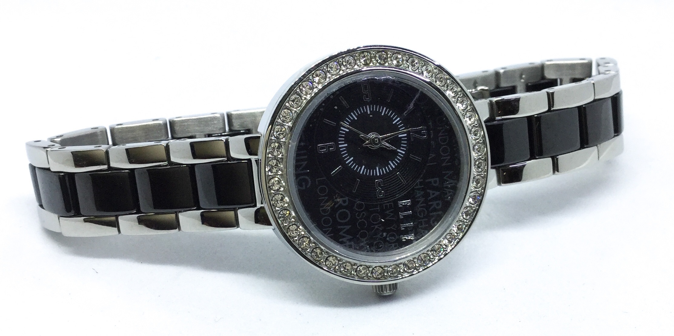 Montre femme, stainless, céramique, cadran entouré de pierres