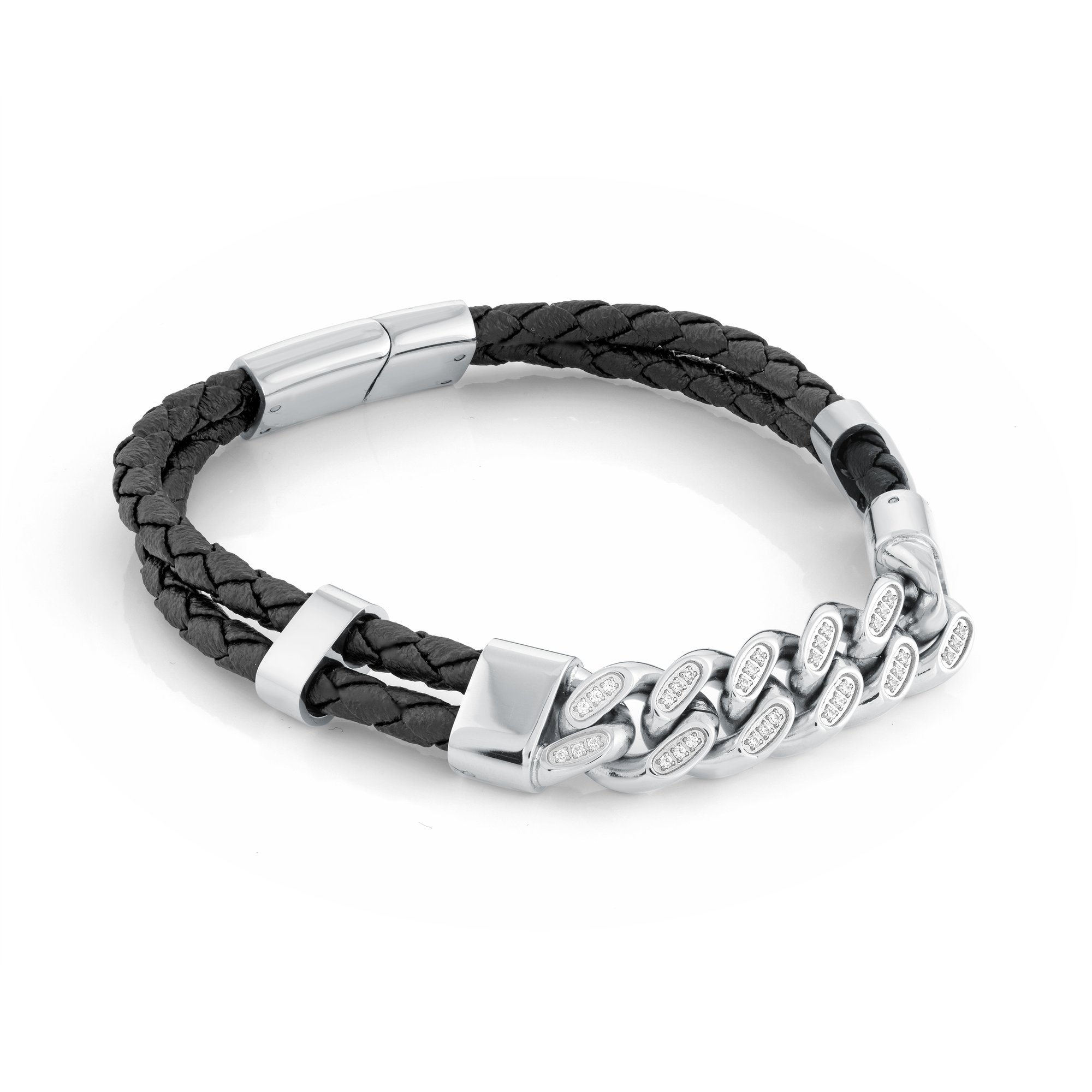 Bracelet de cuir et stainless, gourmette garni de pierres