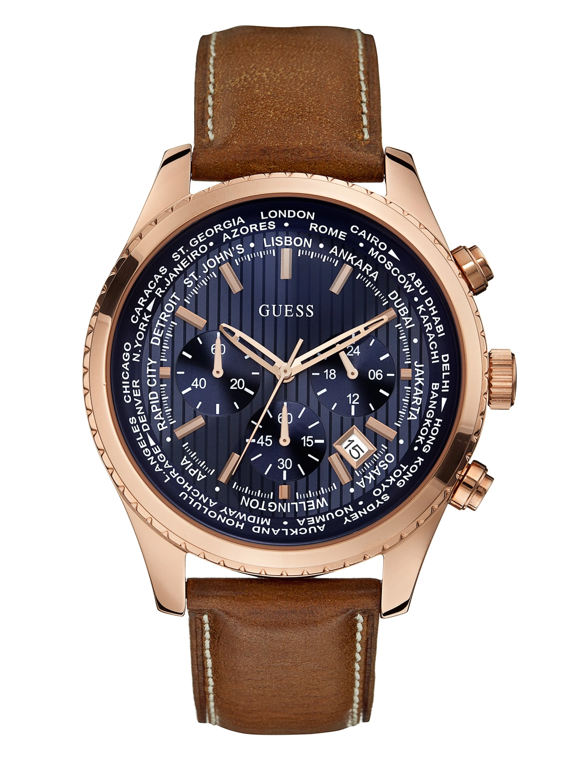 Montre stainless, bracelet cuir, homme
