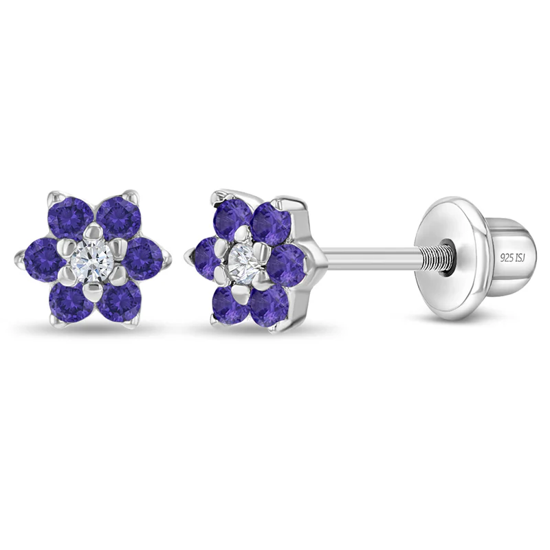 Boucles d'oreilles vissées pour enfant en argent 925, cubic zirconium, fleurs - SS-03-00106 - In Season Jewelry