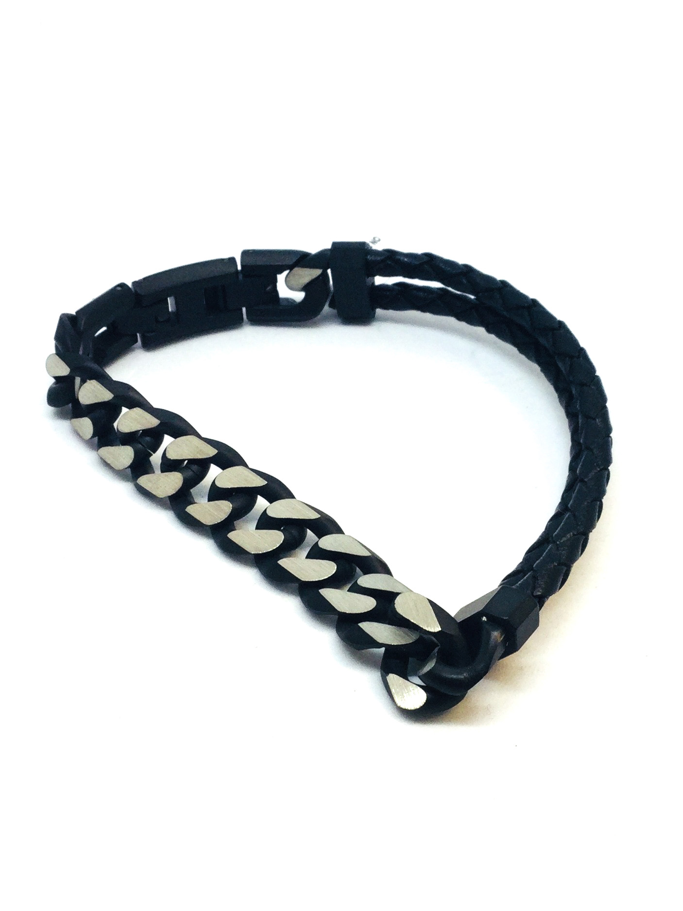 Bracelet stainless, cuir double, gourmette