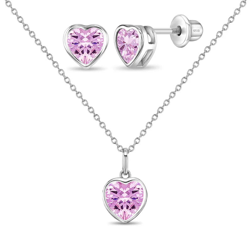Ensemble de boucles d'oreilles vissées et pendentif pour enfant en argent 925, cubic zirconium, coeurs - B-JS-04-00015 - In Season Jewelry