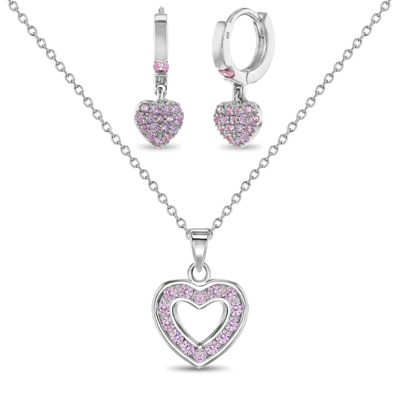 Ensemble de boucles d'oreilles et pendentif pour enfant en argent 925, cubic zirconium, coeurs - B-JS-04-00024 - In Season Jewelry