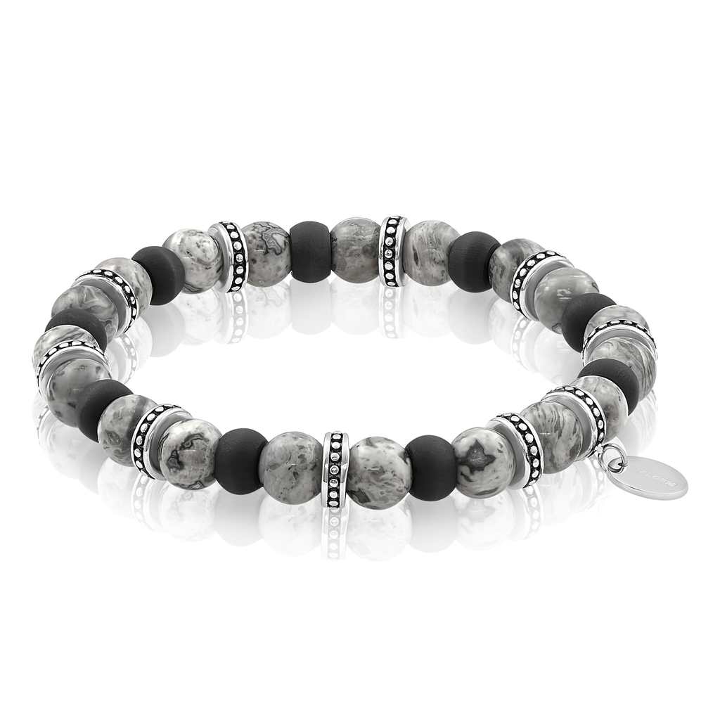 Bracelet élastique stainless et fibre de carbone rempli de billes