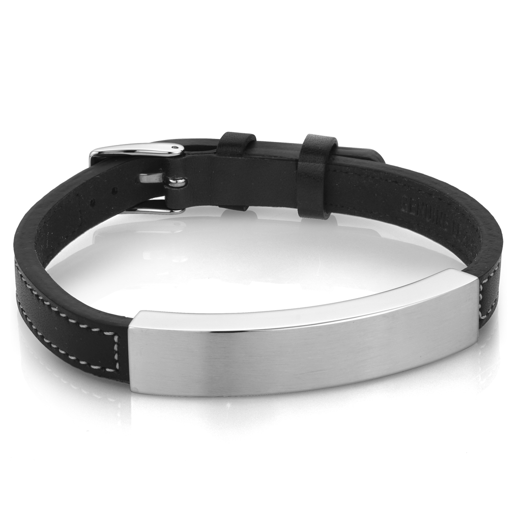 Bracelet stainless et cuir, plaque unie
