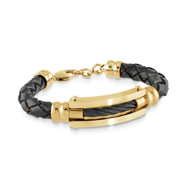Bracelet pour homme en stainless et cuir, fils torsadés - SLB538 - Italgem