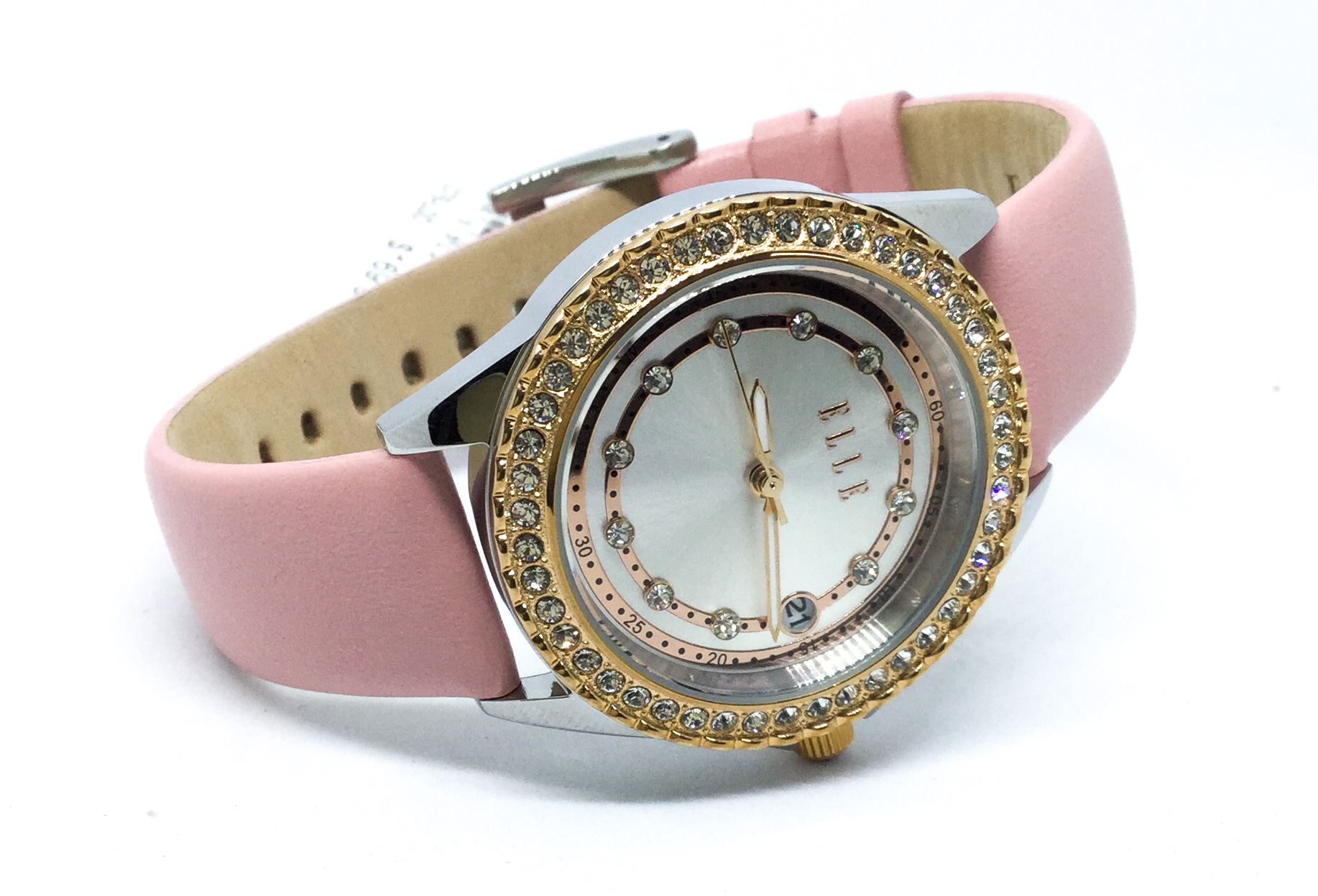 Montre femme, stainless, bracelet cuir, cadran entouré de pierres