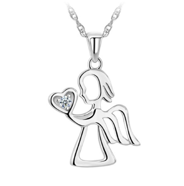 Pendantif argent 925, ange tenant un coeur, 1 pierre