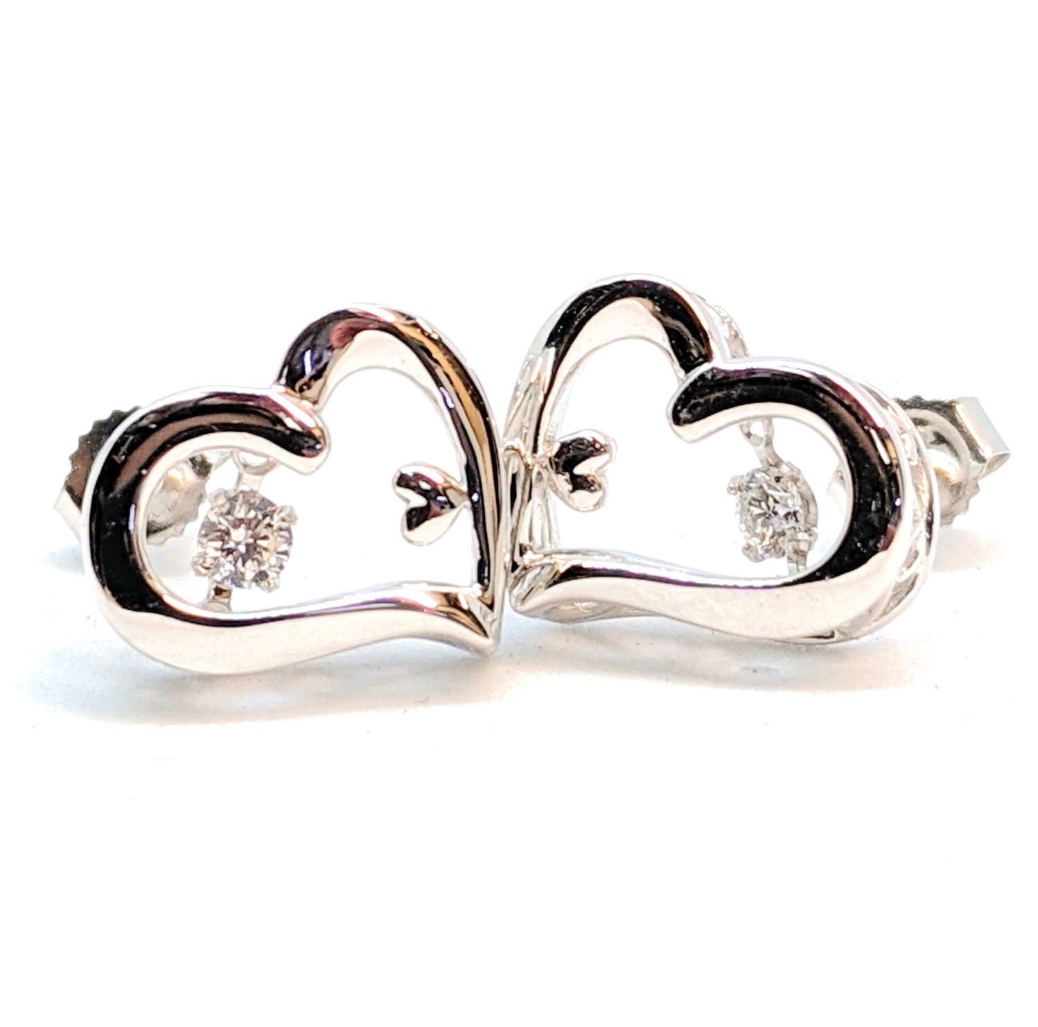 Boucles d'oreilles or 10K, 2 diamants pour 10.8 points total, coeurs, stud