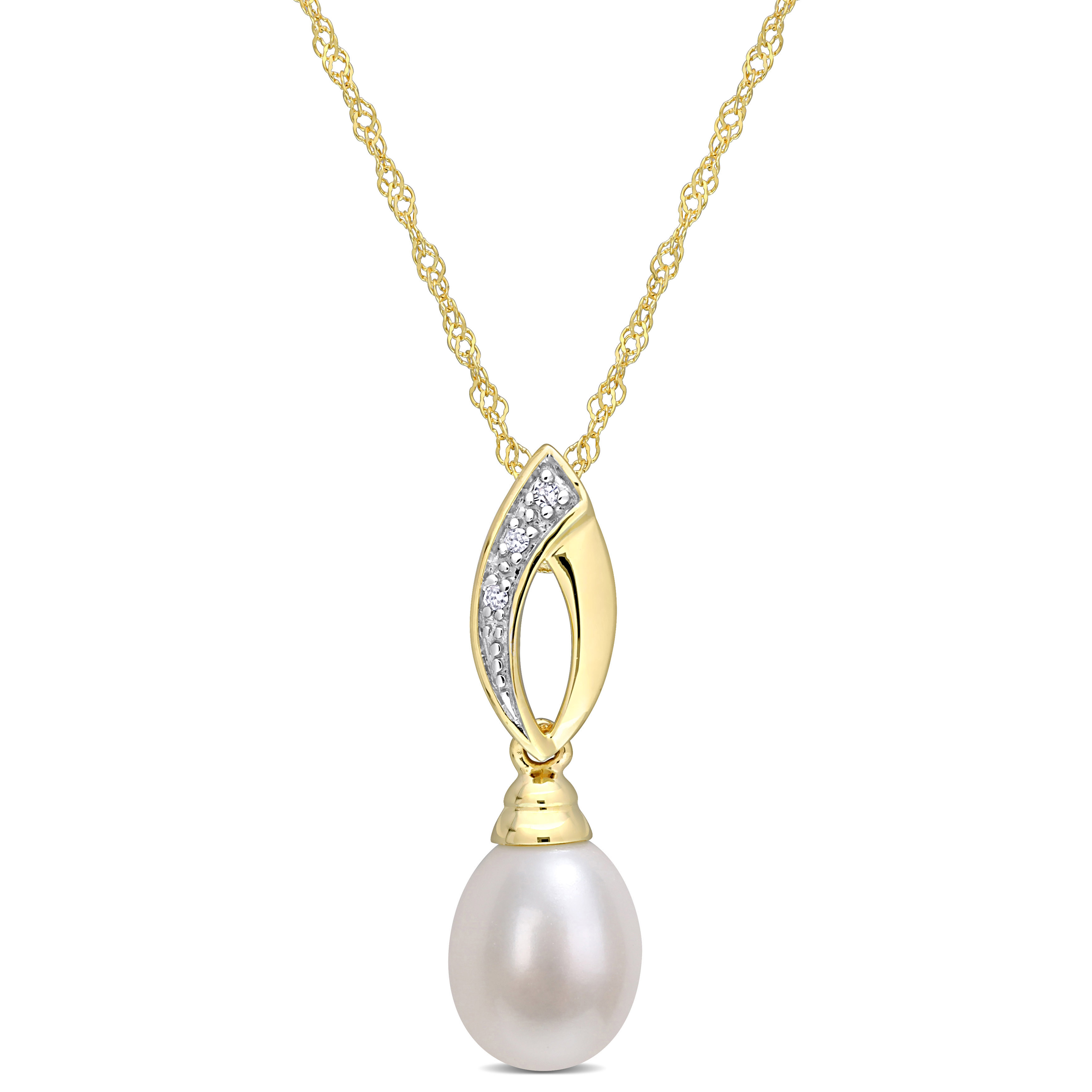 Pendentif pour femme en or 10K, perle de culture 7.5-8mm, 3 diamants pour 0.01 carat