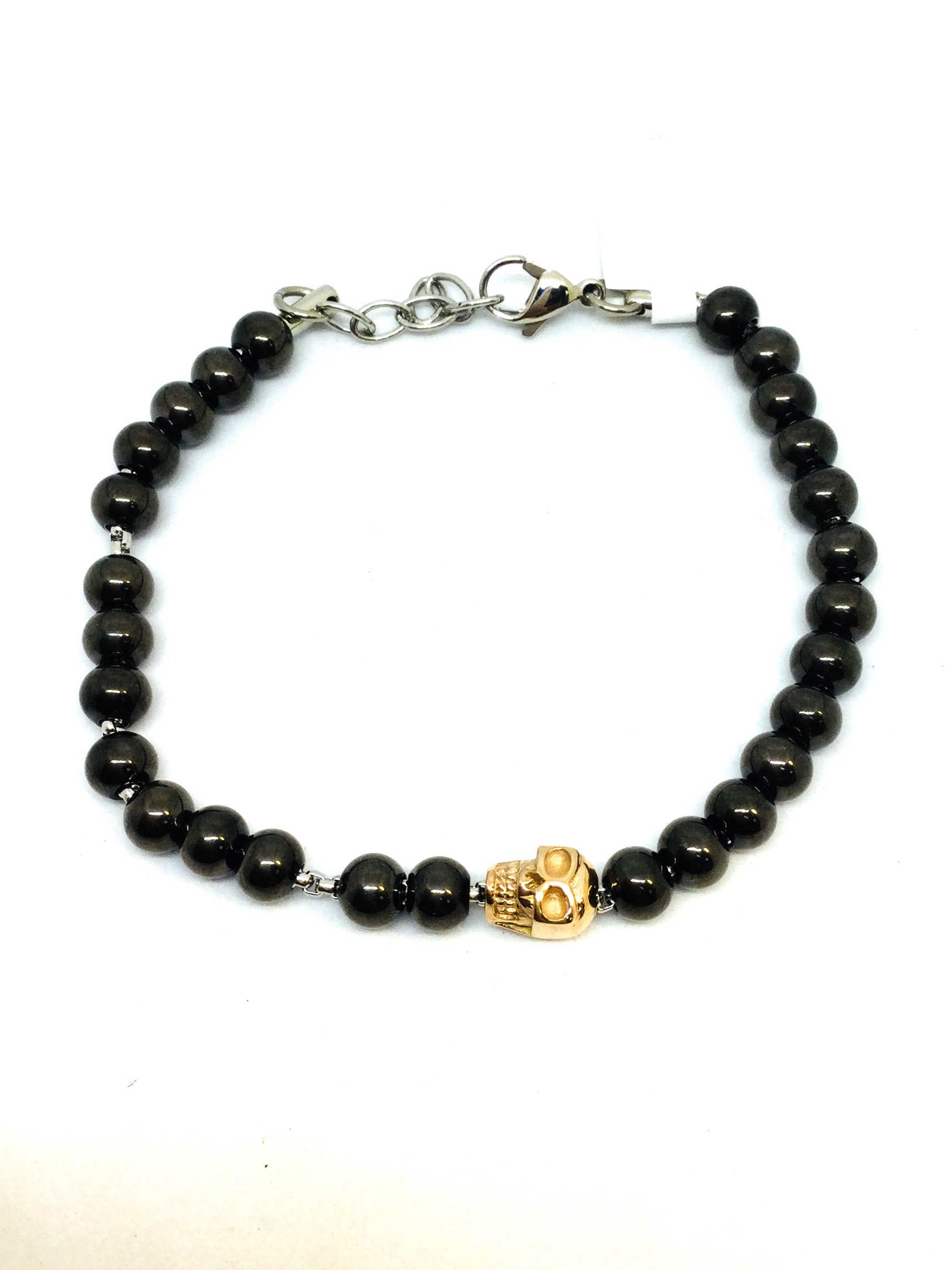 Bracelet stainless, boules, tête de mort