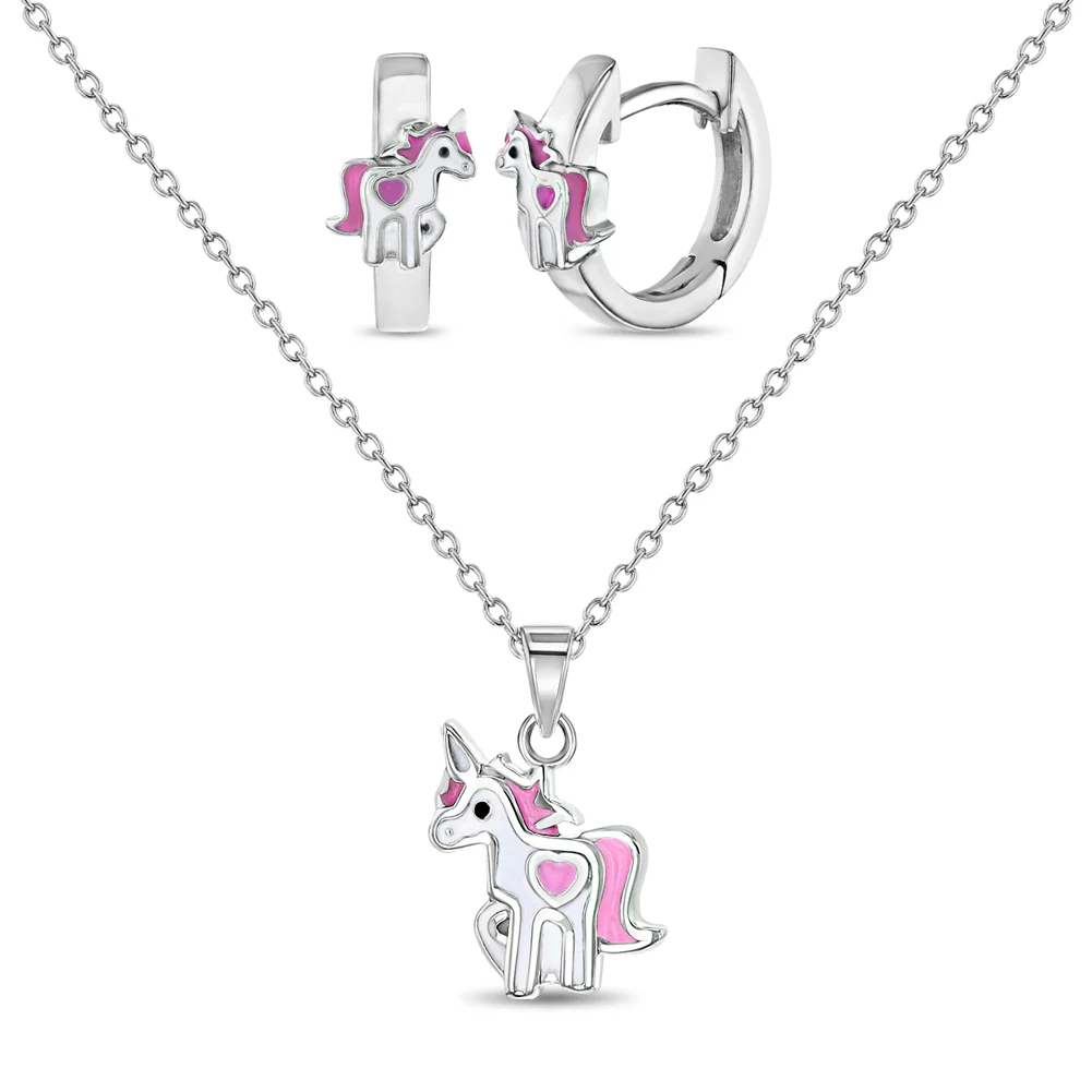Ensemble de boucles d'oreilles et pendentif pour enfant en argent 925, cubic zirconium, licornes - B-JS-04-00022 - In Season Jewelry