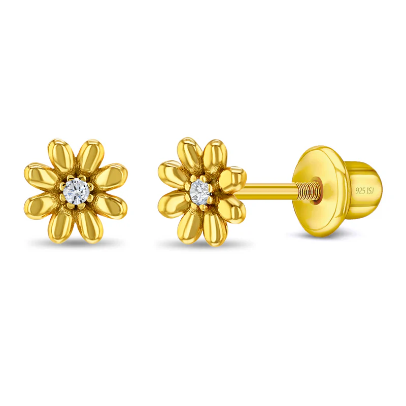Boucles d'oreilles vissées pour enfant en argent 925, cubic zirconium, fleurs - SS-03-01089 - In Season Jewelry