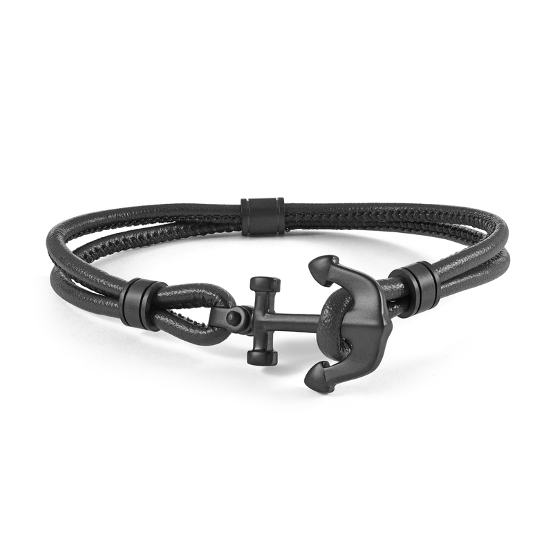 Bracelet stainless et cuir double, ancre