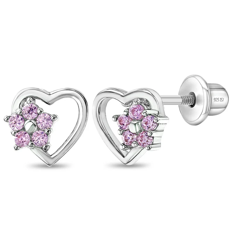 Boucles d'oreilles vissées pour enfant en argent 925, cubic zirconium, coeurs - SS-03-00283 - In Season Jewelry