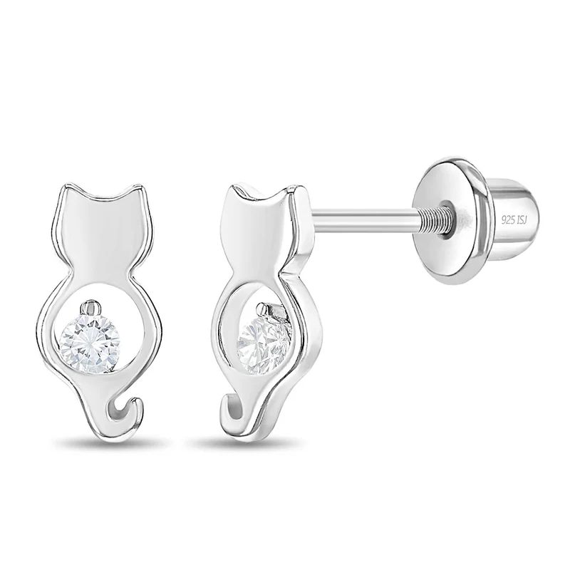 Boucles d'oreilles vissées pour enfant en argent 925, cubic zirconium, chats - SS-03-00482 - In Season Jewelry