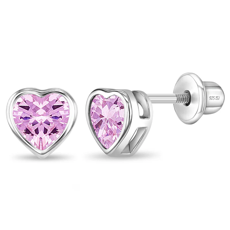 Boucles d'oreilles vissées pour enfant en argent 925, cubic zirconium, coeurs - SS-03-00073 - In Season Jewelry