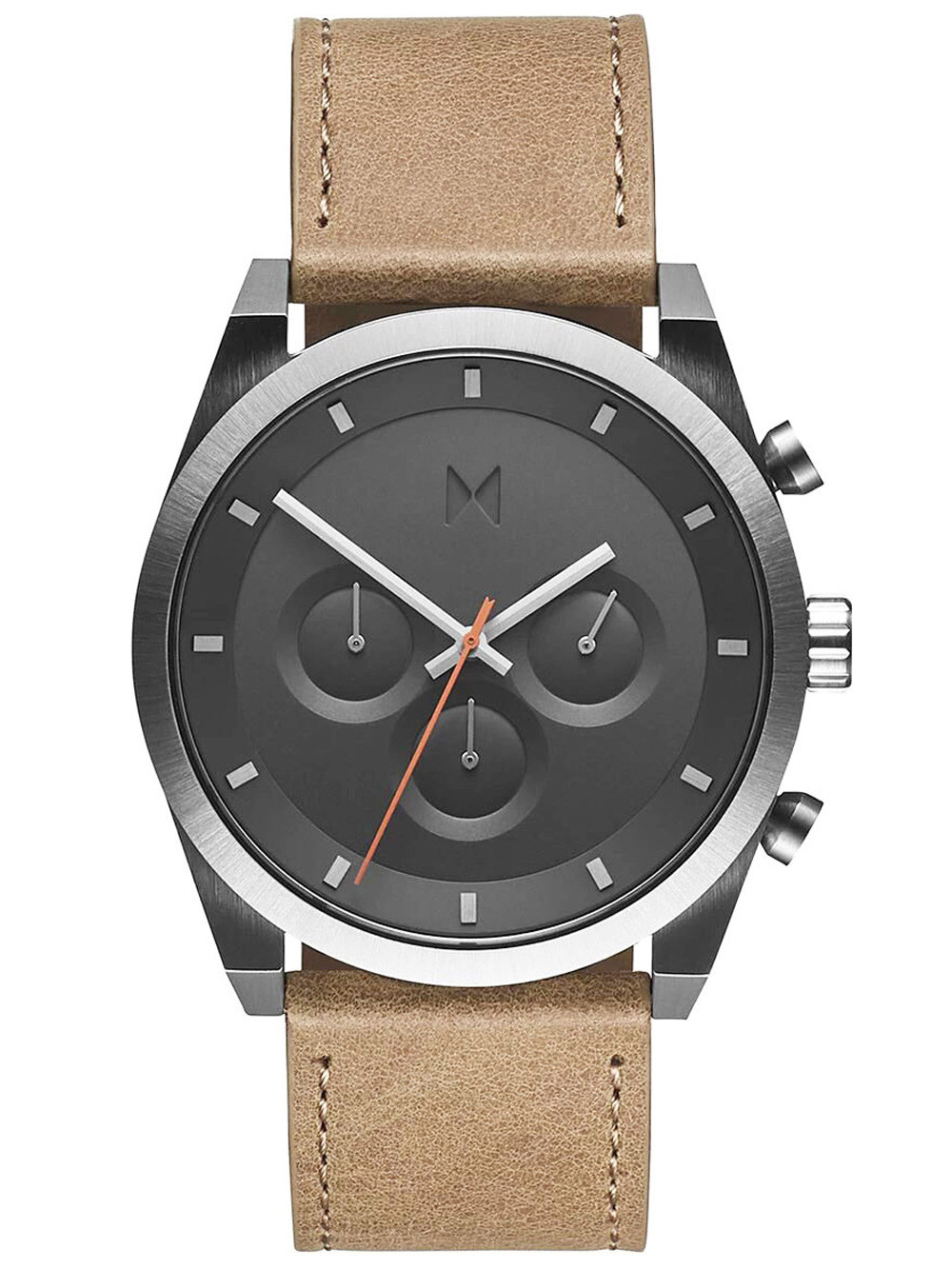 Montre stainless, bracelet cuir, 5ATM, chrono