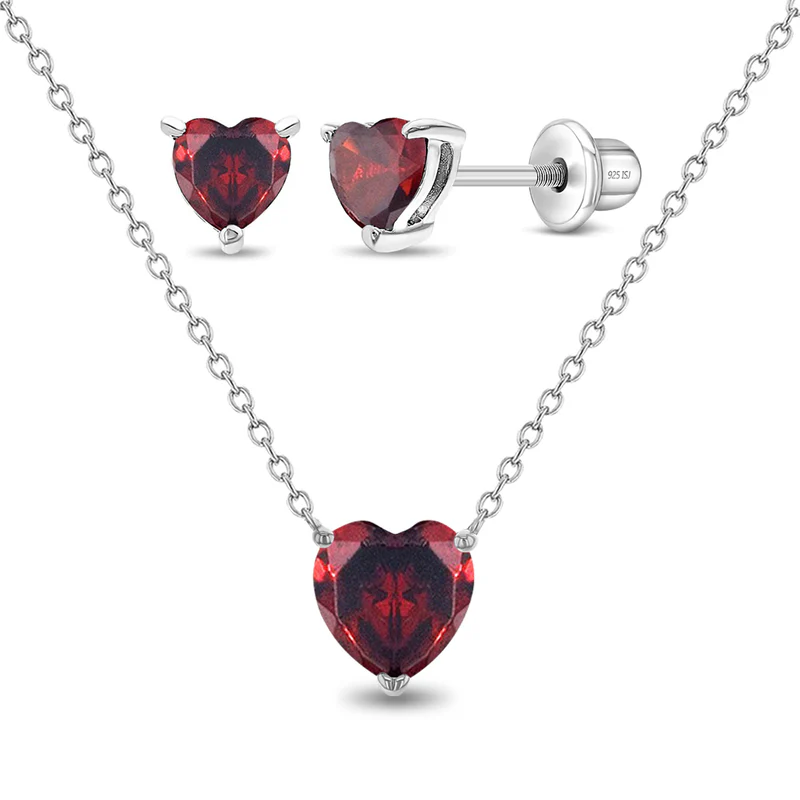 Ensemble de boucles d'oreilles vissées et pendentif pour enfant en argent 925, cubic zirconium, coeurs - B-JS-04-00069 - In Season Jewelry