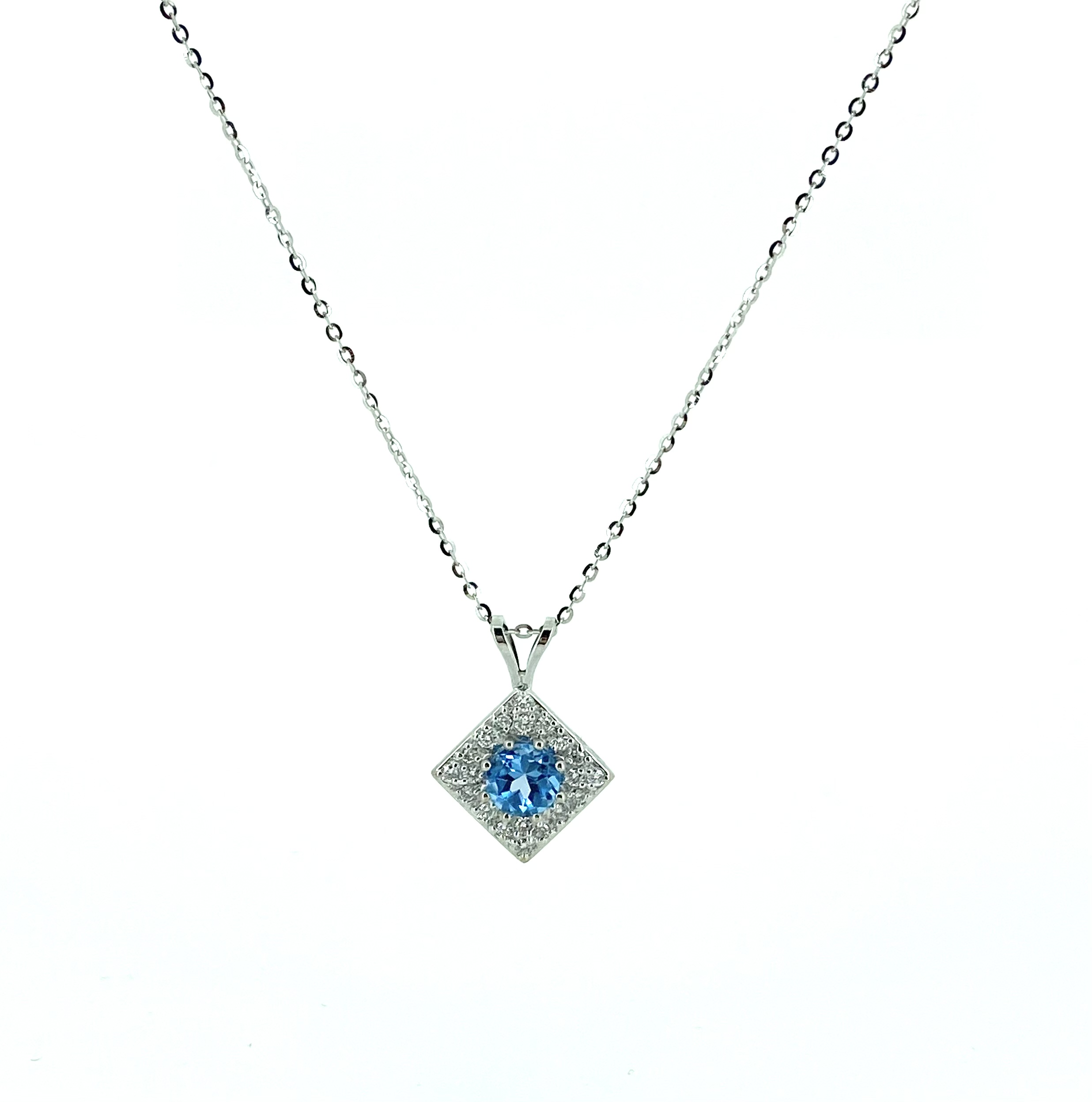 Pendentif pour femme en or 14k, 20 diamants pour 0.26 carat total, 1 topaze bleu 6x6mm