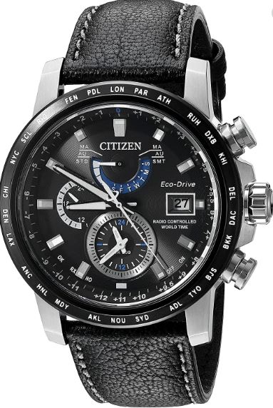 Montre homme, stainless, bracelet cuir, eco-drive, atomique,