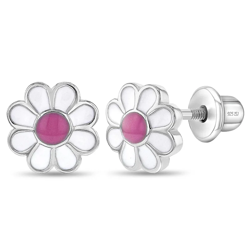Boucles d'oreilles vissées pour enfant en argent 925, fleurs - SS-03-00221 - In Season Jewelry