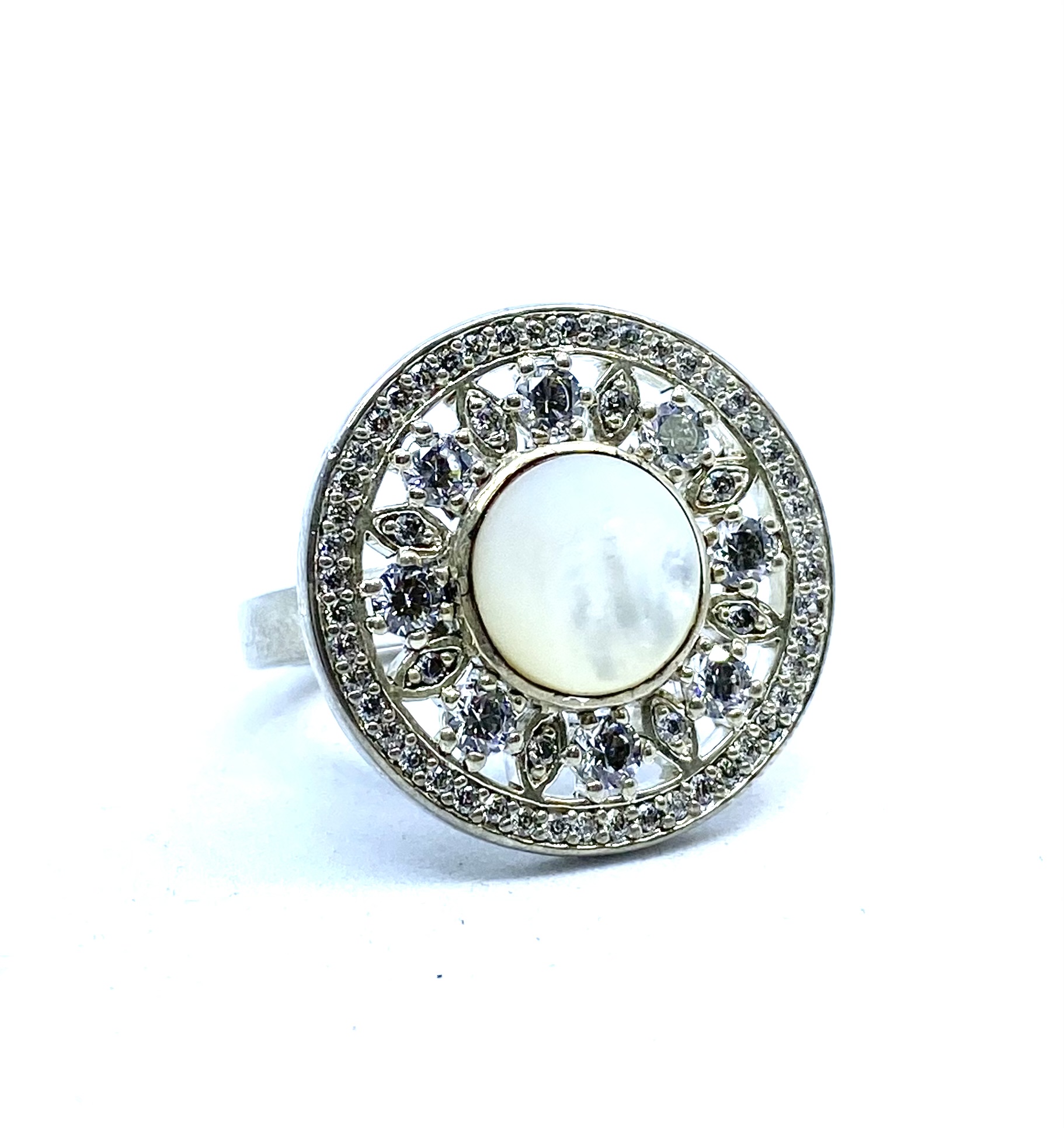 Bague pour femme en argent 925, zircons, nacre de perle