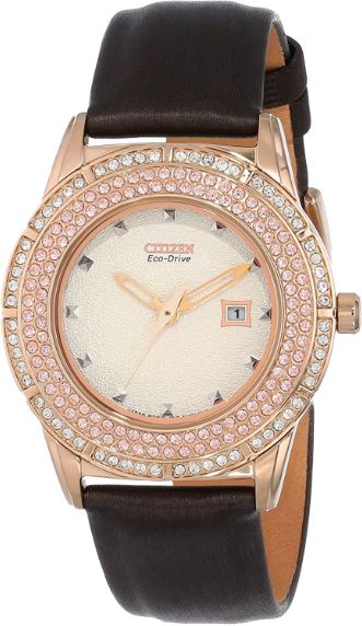 Montre femme, stainless, bracelet cuir, eco-drive, cadran entouré de pierres