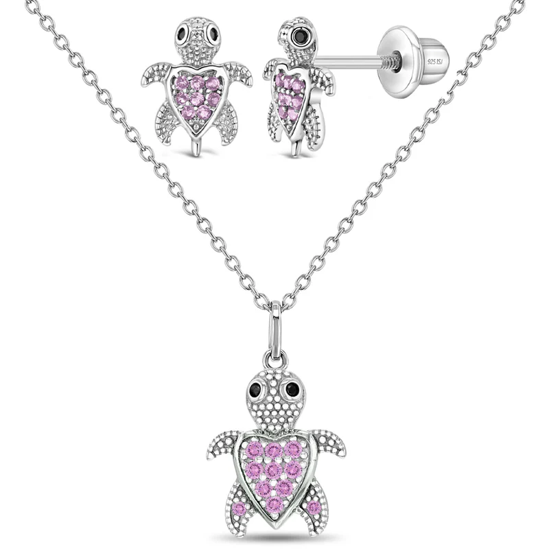 Ensemble de boucles d'oreilles vissées et pendentif pour enfant en argent 925, cubic zirconium, tortues - B-JS-04-00013 - In Season Jewelry
