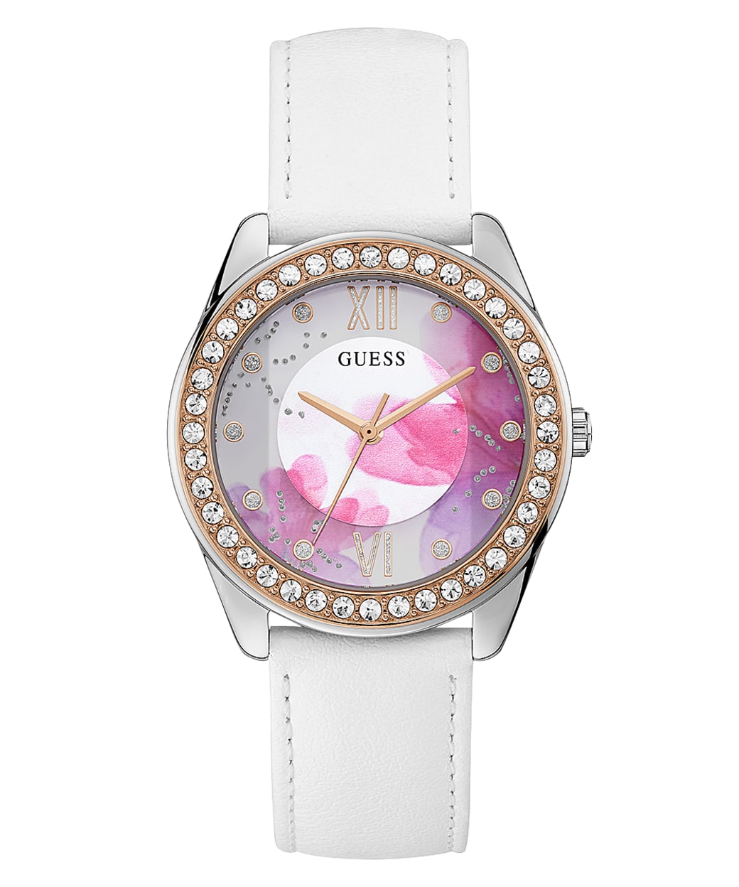 Montre pour femme en stainless, bracelet de cuir, cadran entouré de pierres
