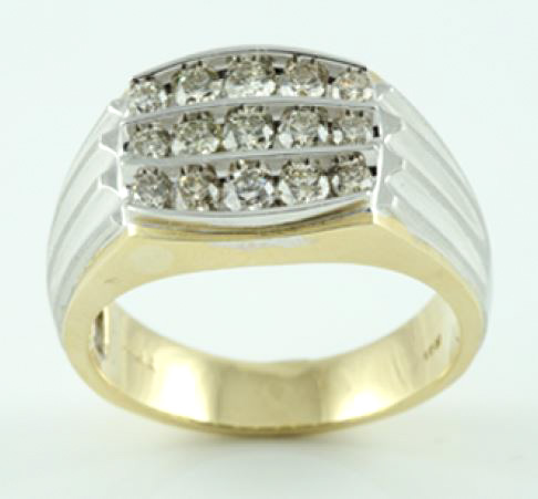 Bague homme or 10K, 15 diamants pour 1 carat total (100 points) I-1 GH