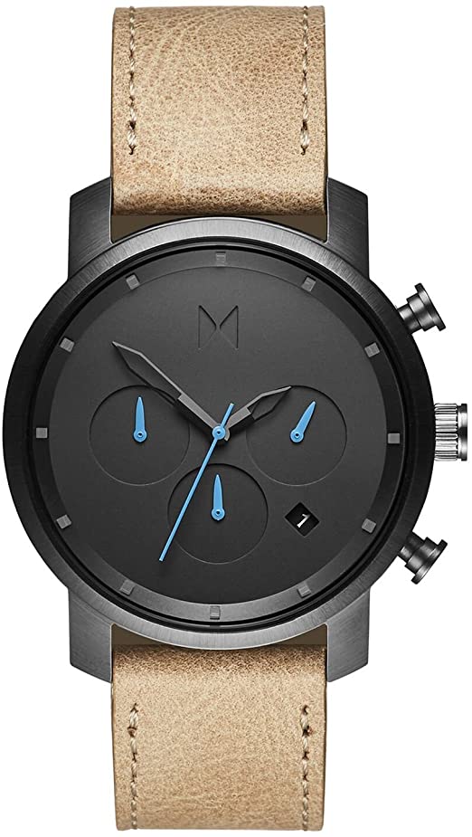 Montre stainless, bracelet cuir. 5ATM, chrono