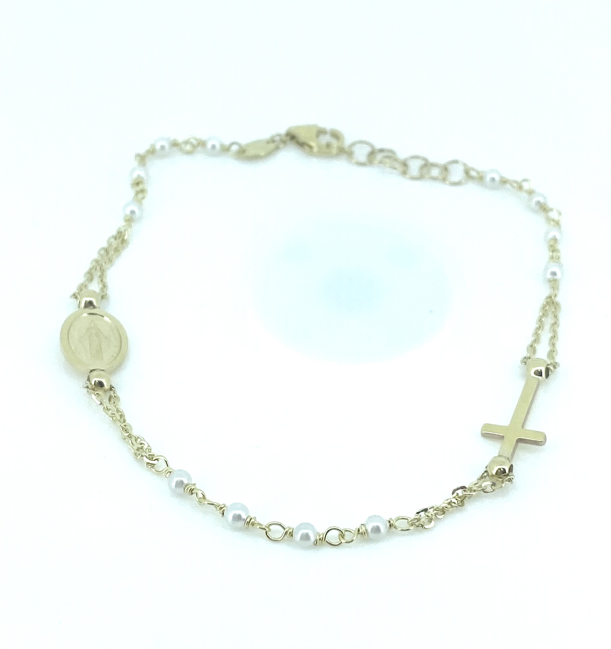 Bracelet religieux pour femme en or 10k, perles, croix