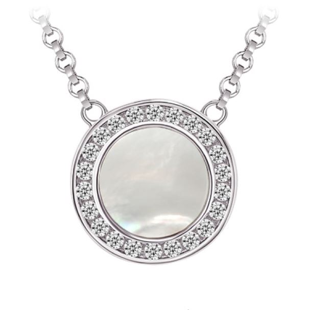 Pendantif argent 925, cercle garni de pierres et nacre de perle
