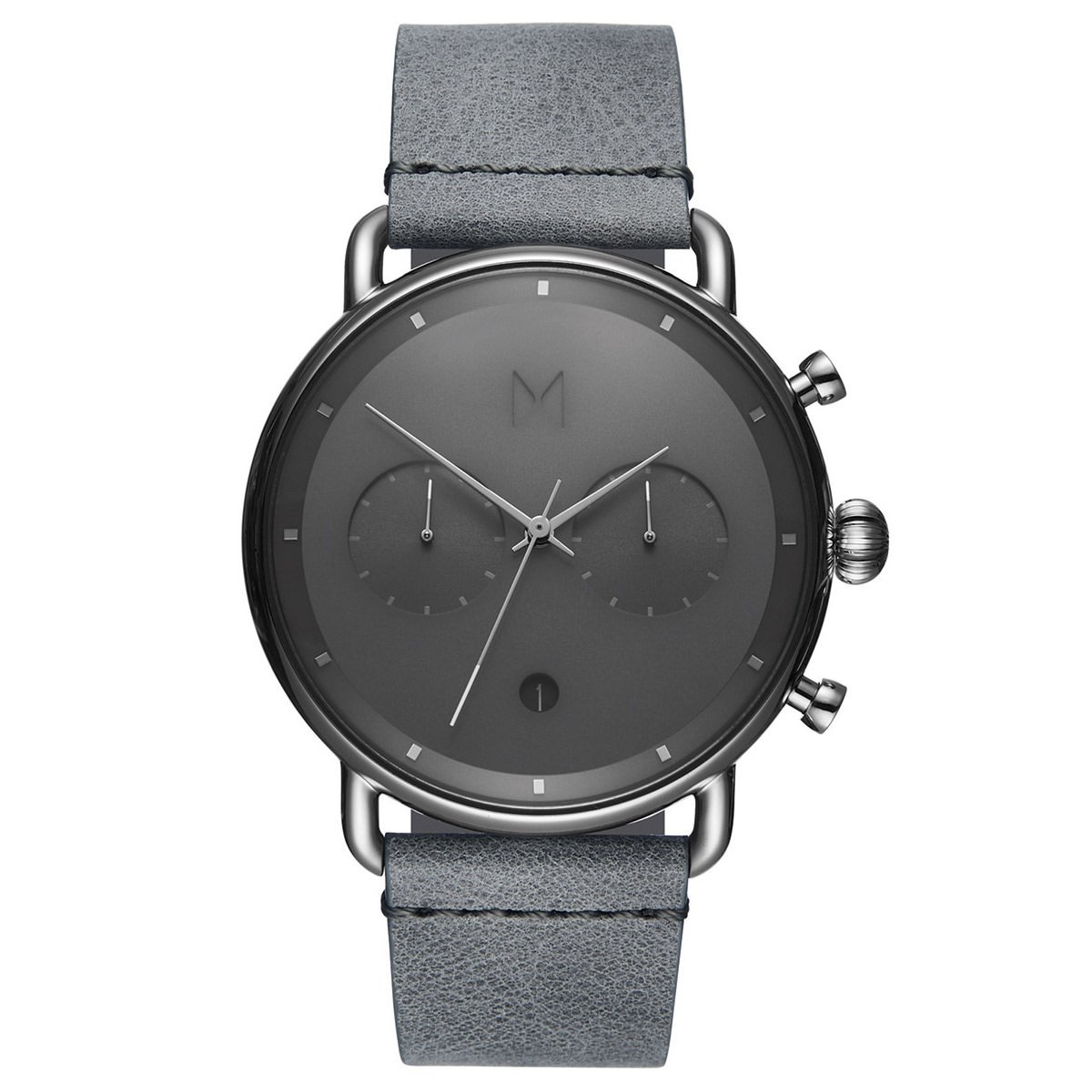 Montre stainless, bracelet cuir, 10ATM, chrono, vitre bombée