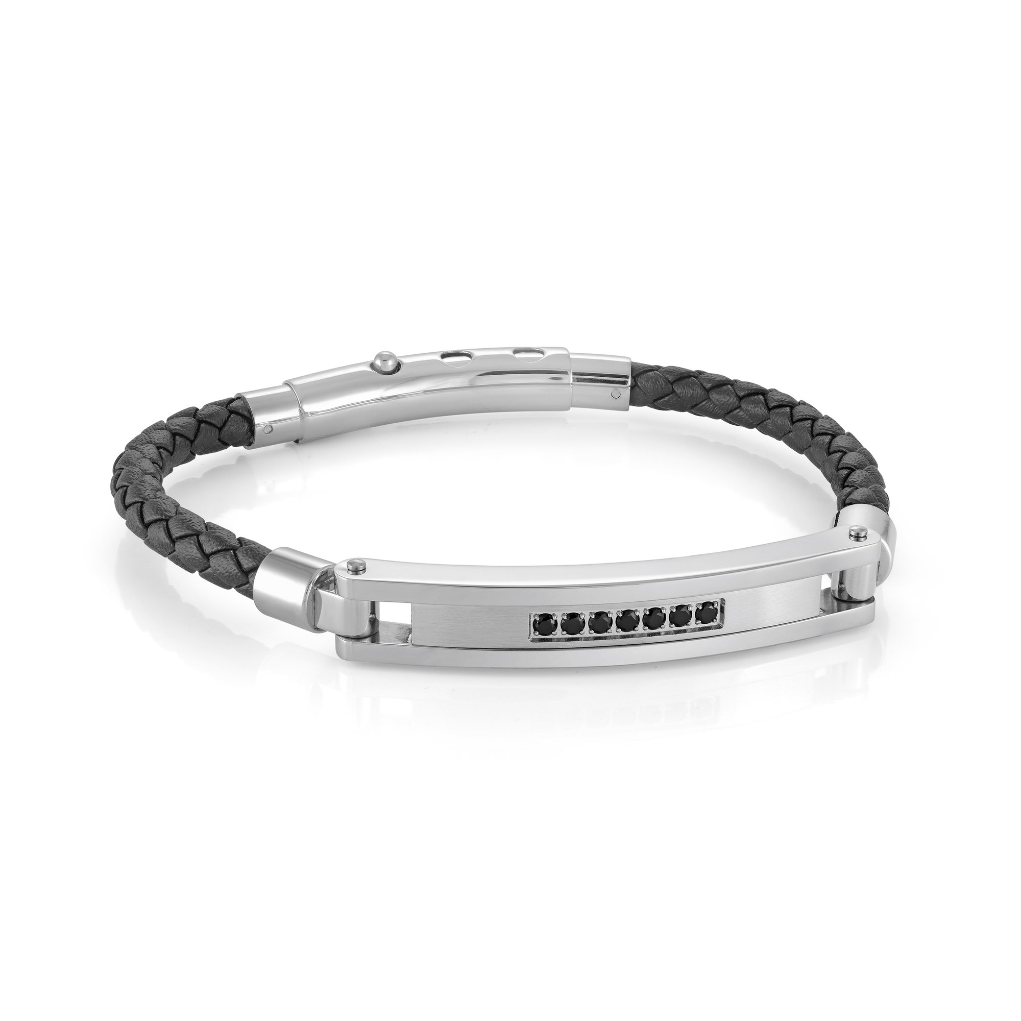 Bracelet stainless et cuir, 7 pierres noires